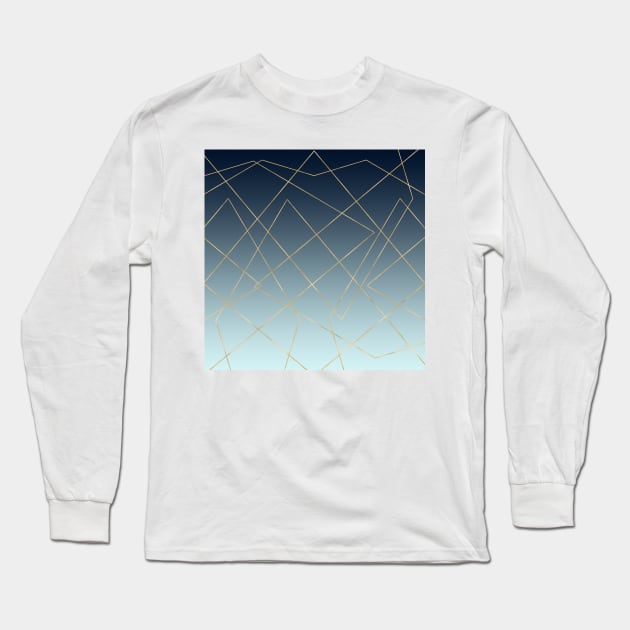 Geometric Gold Lines Blue Gradient Design Long Sleeve T-Shirt by NdesignTrend